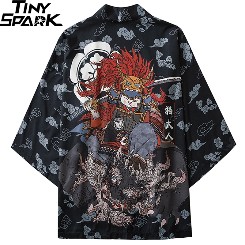 

Japanese Kimono Jacket Officer Cat Print Harajuku 2022 Hip Hop Men Japan Streetwear Jacket Summer Thin Clothing Loose Kimono