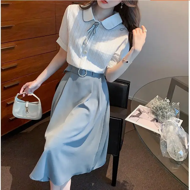 

2022 Women's Summer Fashion 2 Piece Sets Female Short Sleeve Chiffon Blouses + High Waist Loose A-line Skirts Ladies Suits N54