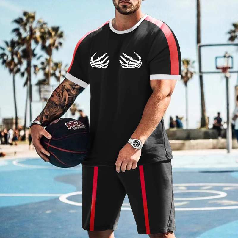 Men's Summer Color Matching Round Neck Top Personalized Printing Casual Sports Short Sleeves + Fitness Shorts