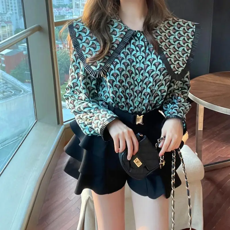 

2021 Vintage Print Elegant Blouse Shirts Women Long Sleeve Green Turn Down Autumn Winter Y2K Casual Top Shirt Lady Office