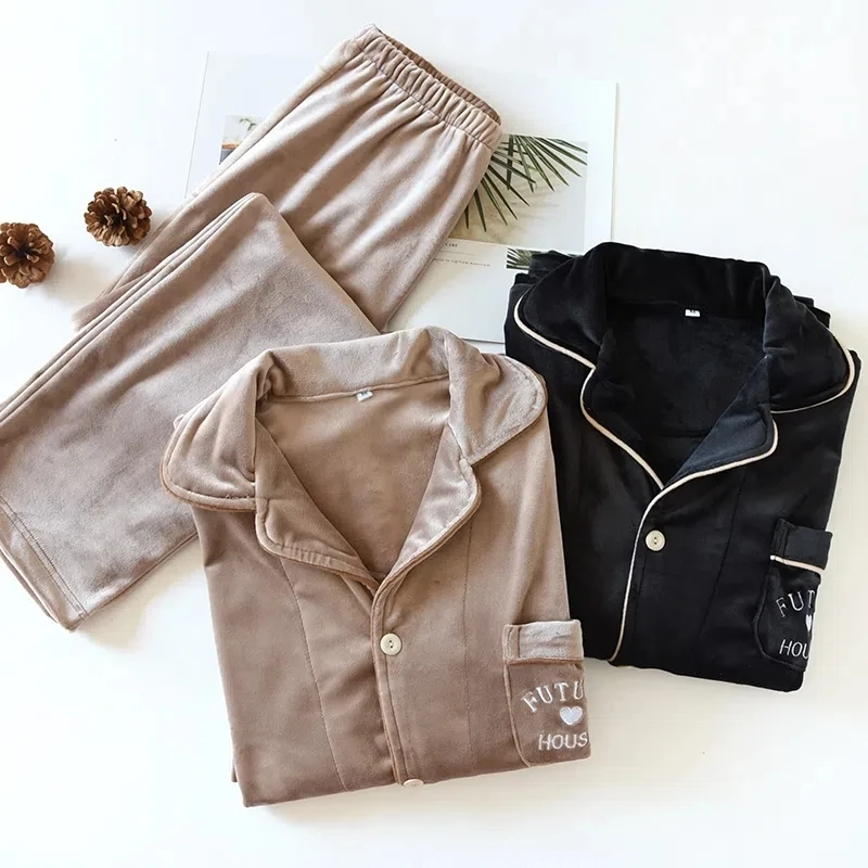 

Winter Thickened Warm Velvet Women Pajamas Set Long Sleeved Cut Fleece Sleepwear Female Pyjamas Suit Home Clothes