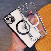 for iphone 12 13 pro max case transparent magnetic wireless charging case for iphone 12 13 pro simple magnetic ring plating case