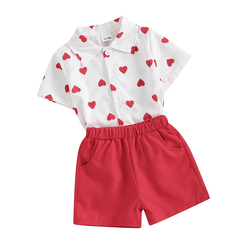 

Костюм для маленьких мальчиков на День святого Валентина, рубашка с короткими рукавами и шорты с пуговицами в виде сердечек, комплект одежды