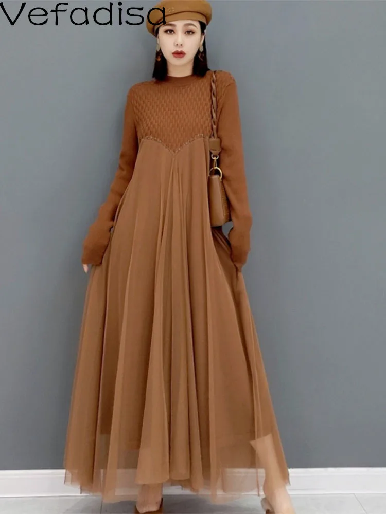 

Women Long Sleeves Crew Neck Dress Loose Mid-length Mesh Splicing Solid Color Bottoming Shirt Dress 2023 Spring Autumn LHX1170