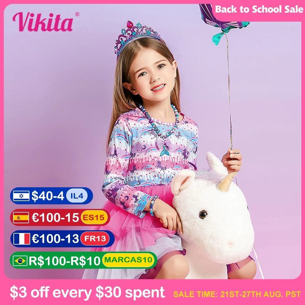 

VIKITA Girls Unicorn Rainbow Print Party Princess Dresses Kids Tulle Mesh Cake Layered Dress Girls Long Sleeve Licorne Vestidos