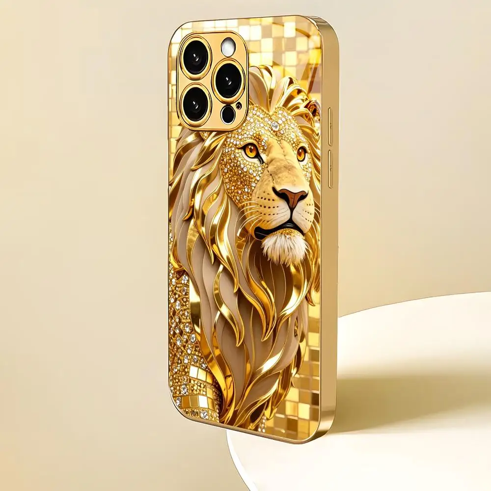 Фото Металлический чехол для телефона Majestic Golden Lion из стекла с эффектом металлик, подходит для iPhone 17 16 15 14 13 12 11 Pro/Max/Plus, противоударная задняя крышка №2