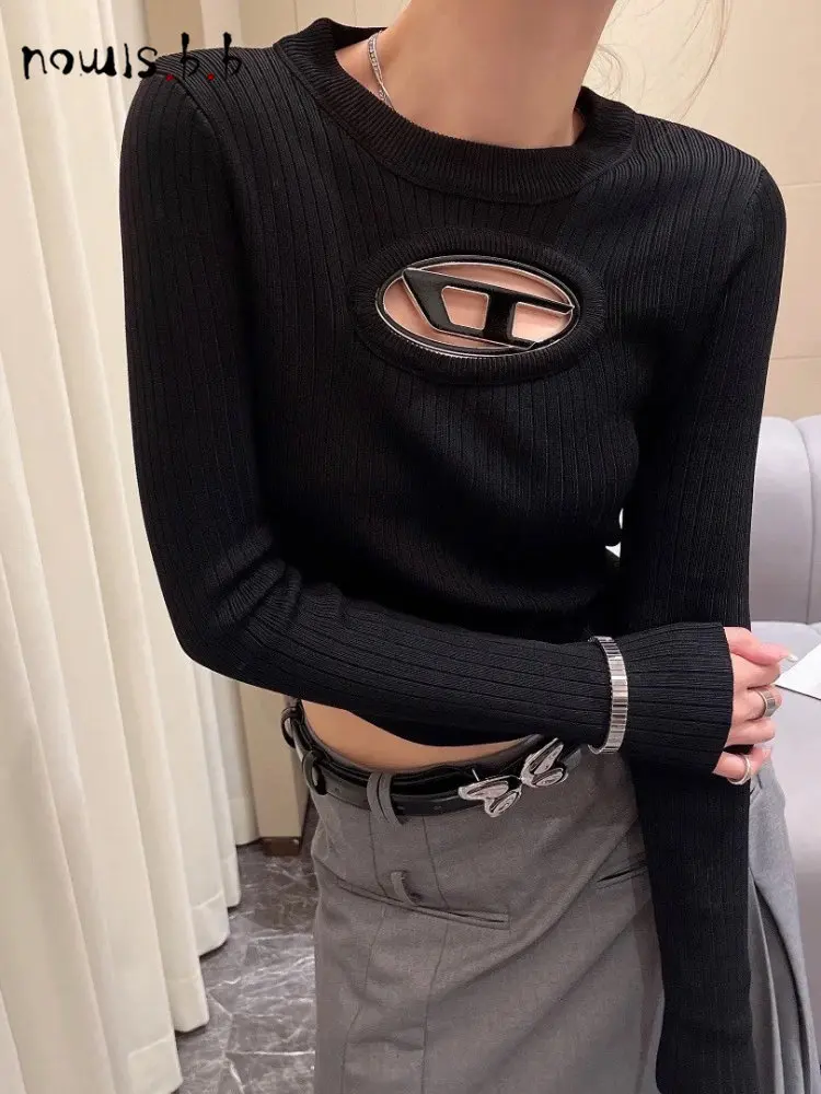 

NOWISBB Skinny Sweater Tops Women Ribbed Sexy O Neck Long Sleeve D Letter Crop Shirt Black Casual Slim Basic T Shirts