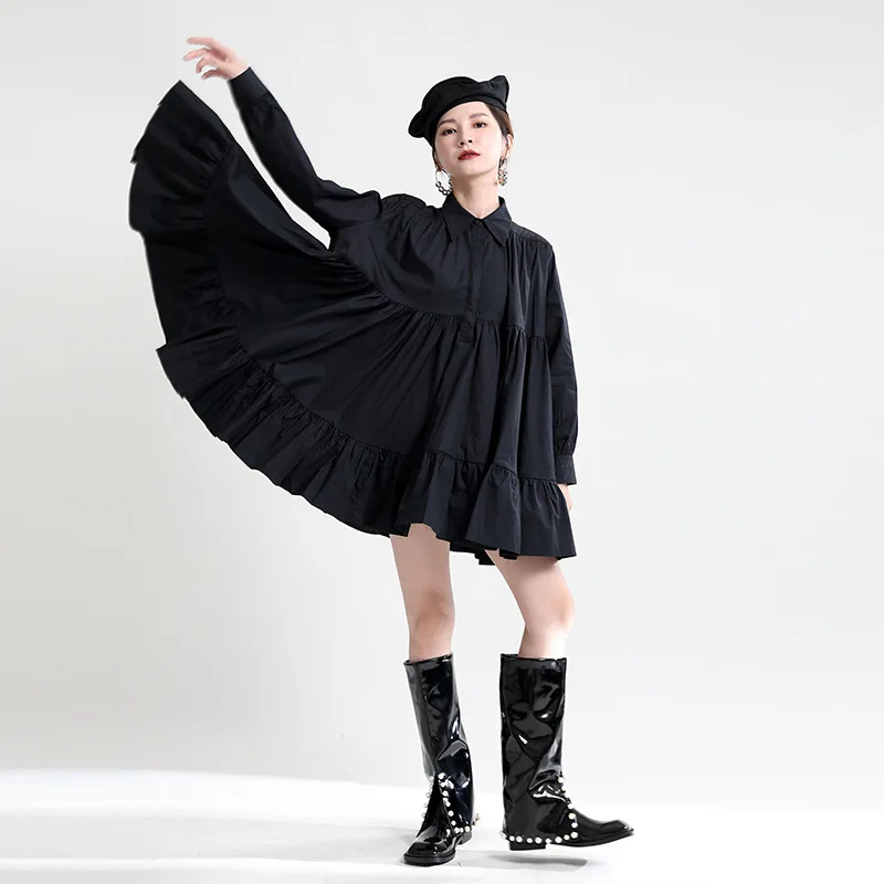 

Spring vintage long-sleeved shirt dress designer style large swing loose solid color skirt