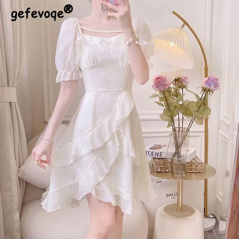 

Vintage Elegant Fairy Princess White Ruffles Chiffon Dress Women French Retro Square Collar Slim Mini Dress 2022 Summer Clothes