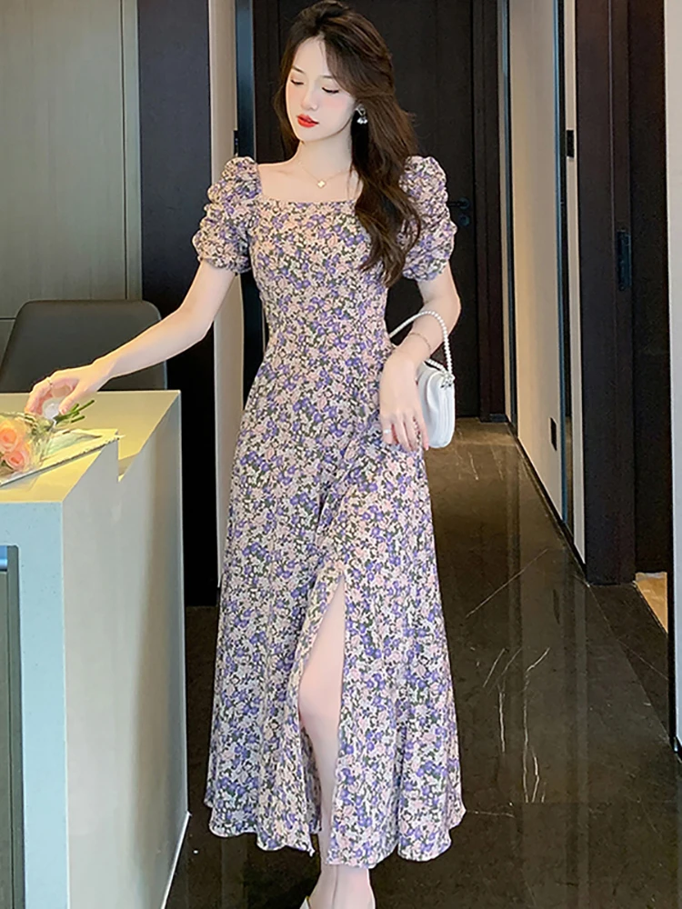 

Женское шифоновое платье с цветочным принтом, повседневное элегантное пляжное платье с квадратным вырезом, корейская мода, одежда для выпускного вечера, лето 2023