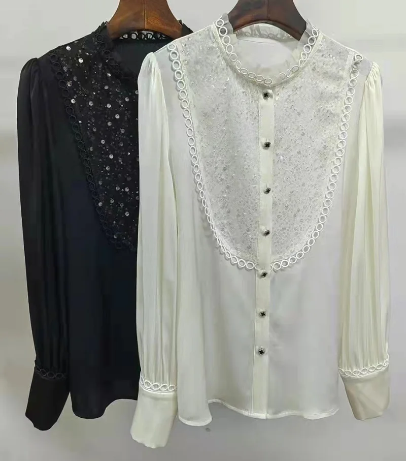 Top Quality Designer Fashion Blouses 2023 Spring Summer Shirt Women Sequined Embroidery Long Sleeve Elegant White Black Shirts