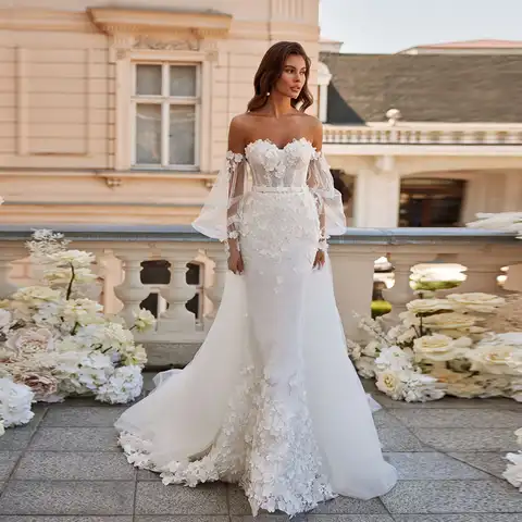 Mermaid Wedding Dresses for Women 2023 Bride Floweres Sweetheart Long Puff Sleeve Trumpet Beading Custom Made Vestidos De Novia