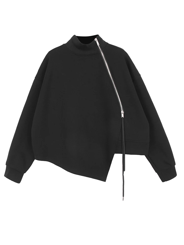 

Loose Fit Black Irregular Zipper Sweatshirt New Turtleneck Long Sleeve Women Big Size Fashion Spring Autumn 2022 C805