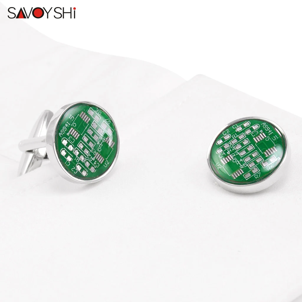 

SAVOYSHI Newest Real Circuit Board Cufflinks For Mens Shirt Cuff buttons High Quality Round Cuff links Gift Free Engraved Name
