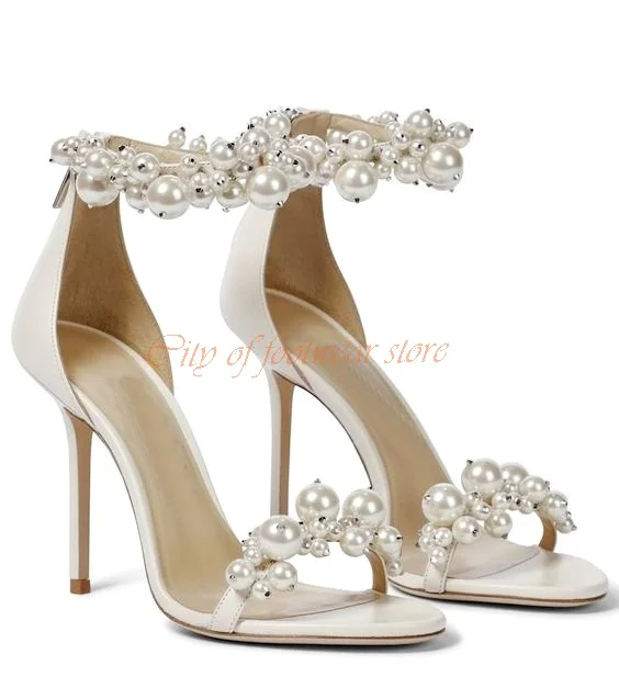 Босоножки из натуральной кожи с жемчугом на высоком каблуке-шпильке - купить по