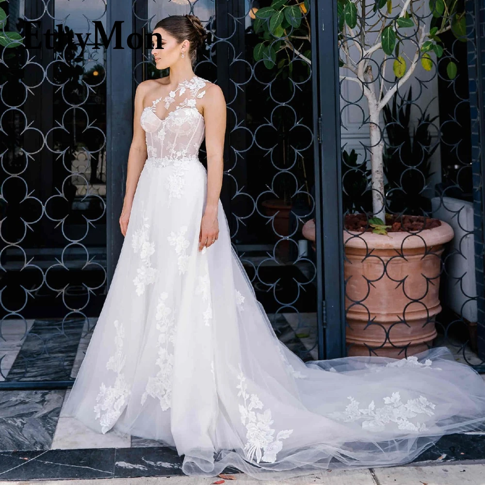 

Ethymon One Shoulder Tulle Modern Wedding Dresses For Bride Sleeveless Floral Print A-Line Customised Robe De Soirée De Mariage