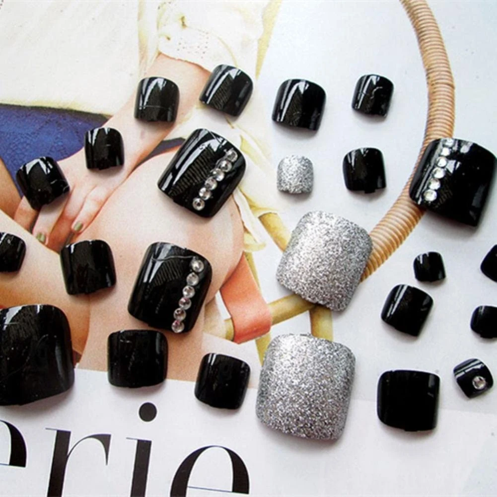 

24Pcs Pure Black Glitter Rhinestone Decoration Artificial False Fake Toe Nail Art Tip & Glue