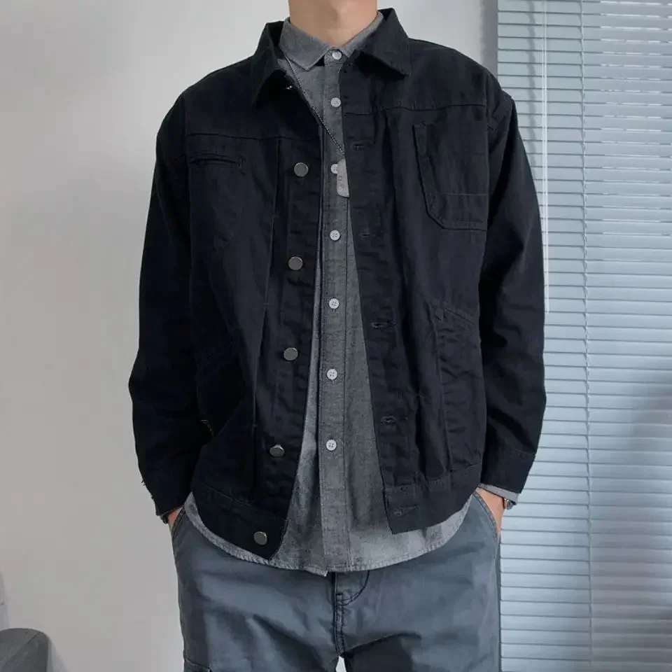 Мужская джинсовая куртка цвета хаки с подкладкой на пуговицах