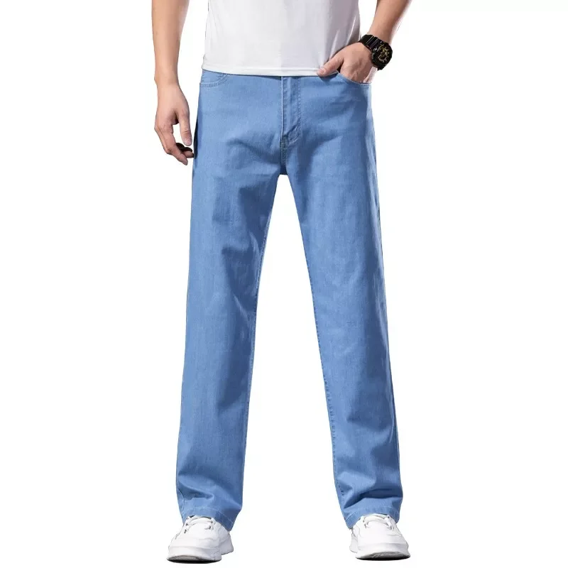 

Spring Summer Mens Jeans Stretch Thin Denim Light Blue Colors Men's Loose Fit Pants Casual Lightweight Jeans Size 44 46