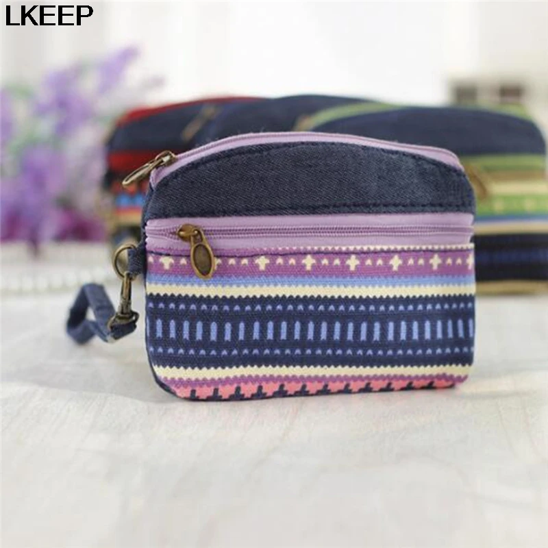

Ethnic Canvas Mini Wallet Women Double Zipper Coin Purses Children Coin Wallet For Girls Key Wallets