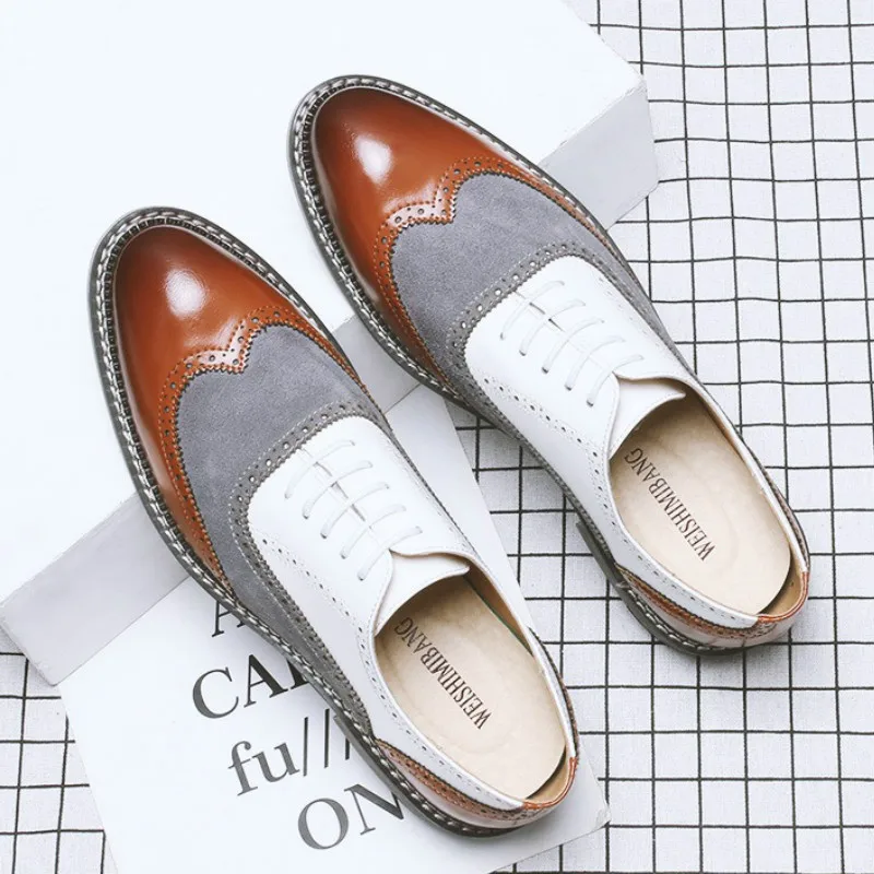 

British Style Brock Pointed Business Casual Shoes Luxury Men's Korean-Style Varved Sewing Mixed Colors Oxford Shoes 8260