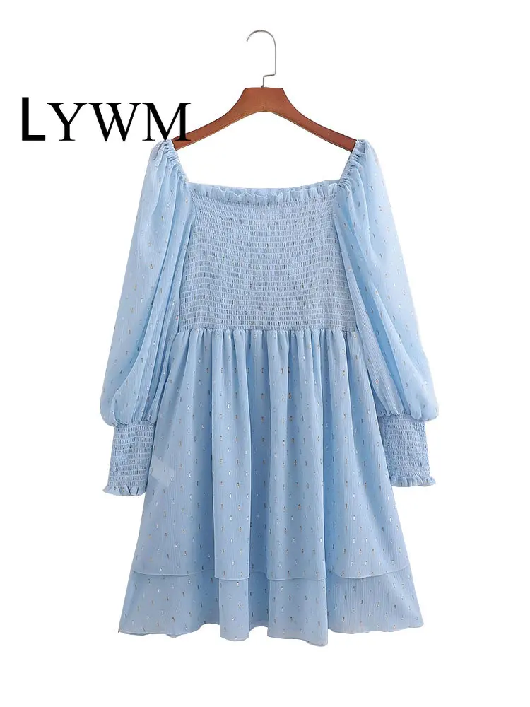 

Модное женское синее Плиссированное мини-платье LYWM, винтажные женские шикарные платья с квадратным вырезом и длинными рукавами