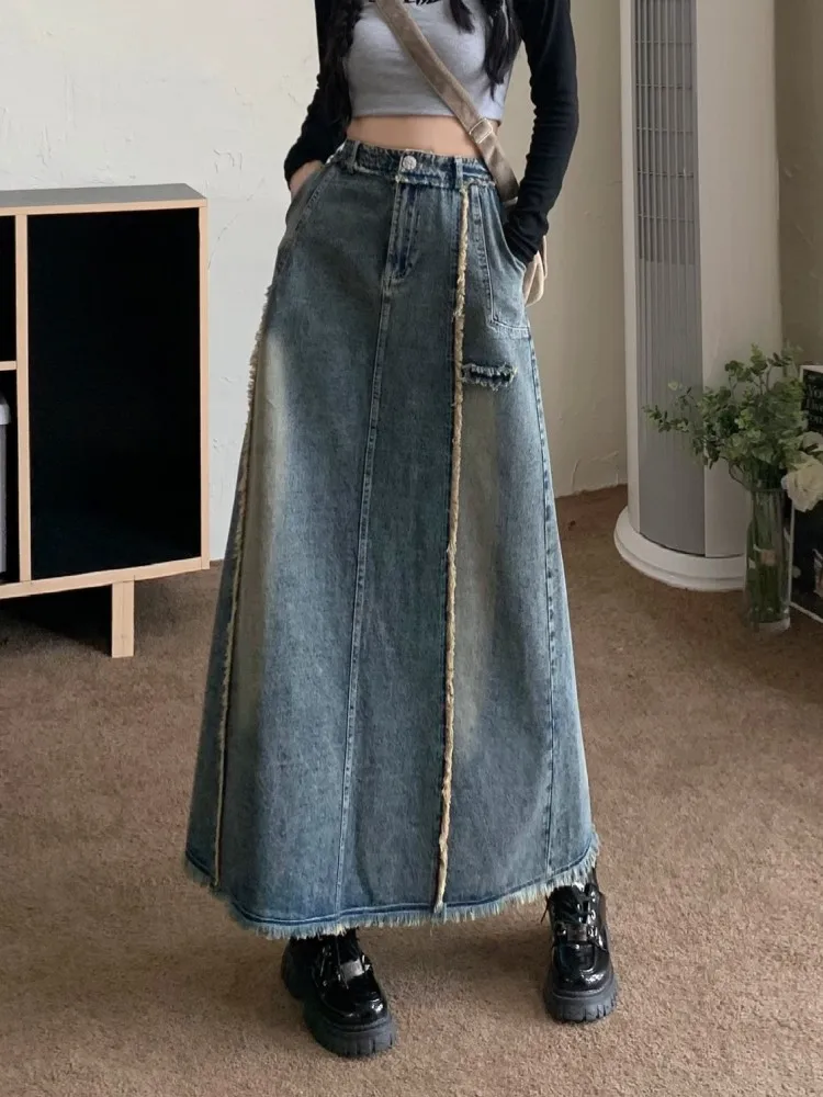 

GUUZYUVIZ Fishtail Denim Women Skirt High Waist Retro Raw Edge