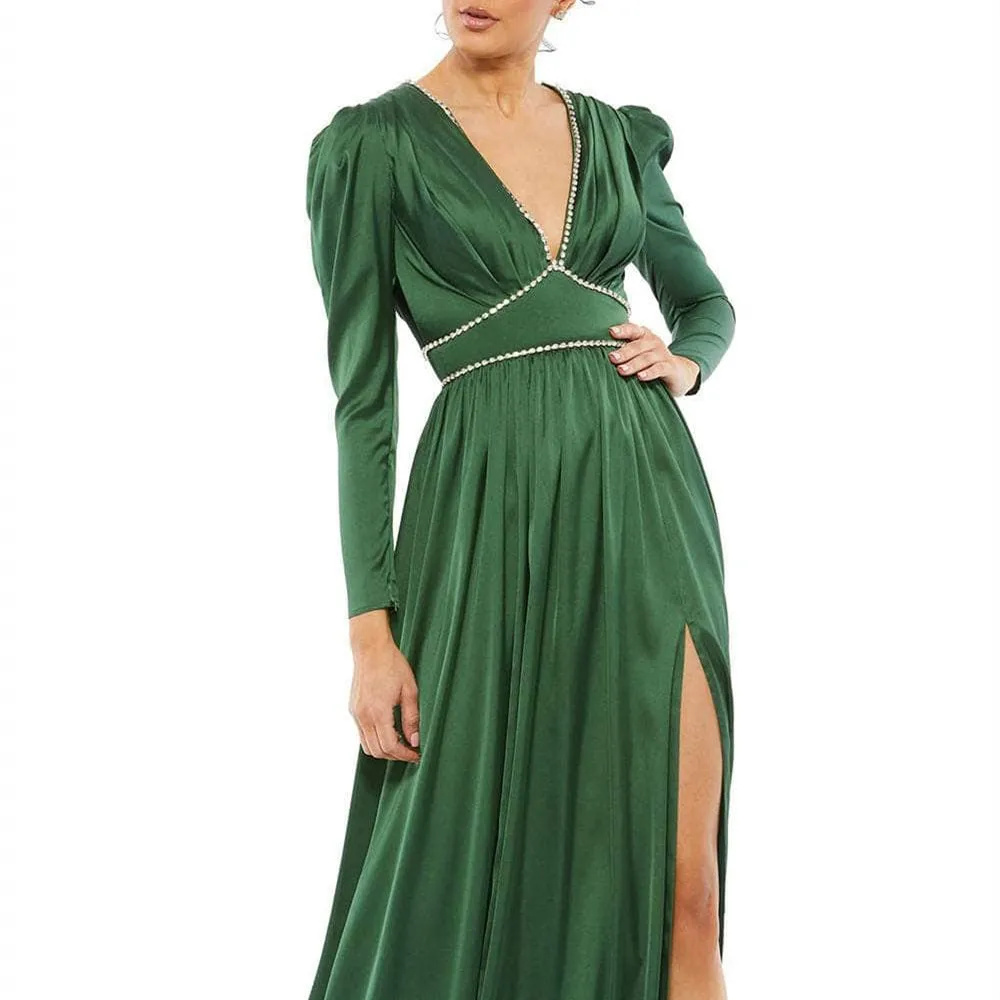 

2023 Elegant Puffed Sleeve A-line Evening Dresses Luxury Pleated Full Back High Slit Deep V-neck Formal Prom Wedding Ball Gowns