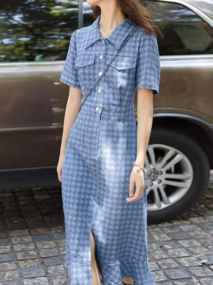 

Vintage Denim Bird Lattice Bodycon Evening Dresses for Women Clothing Polo Collar Midi Dress Elegant Korea Streetwear Summer New