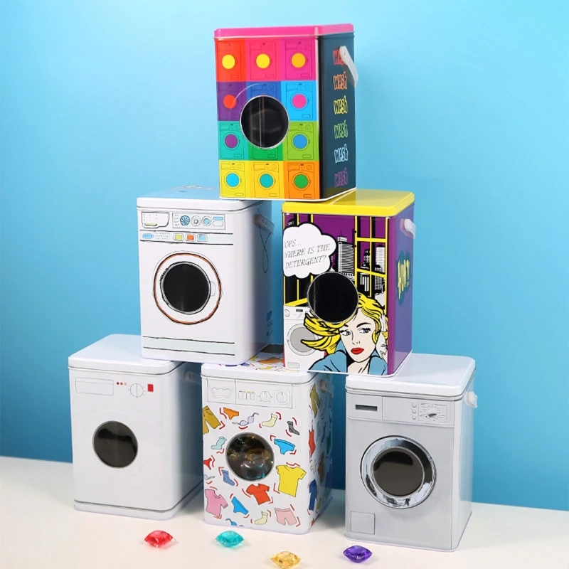 

Metal Storage Container with Lid Laundry Sundries Holder Laundry Powder Tin Washing Machine Shape Case With Handle