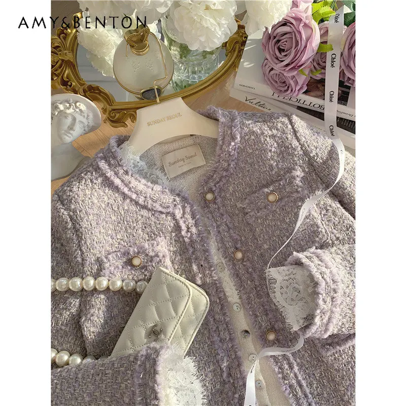 Lavender Purple Tweed Coat and Lace Knited Sweater Tops Two-piece Set Women Fashion Trend Jackets V-neck Sweater for Ladies