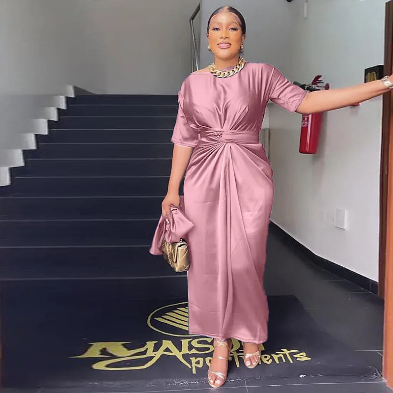 

Spring Summer Fashion Satin Twisted Straight Dress Women two piece OL Solid Skew Collar Short Sleeve Work Dress Women