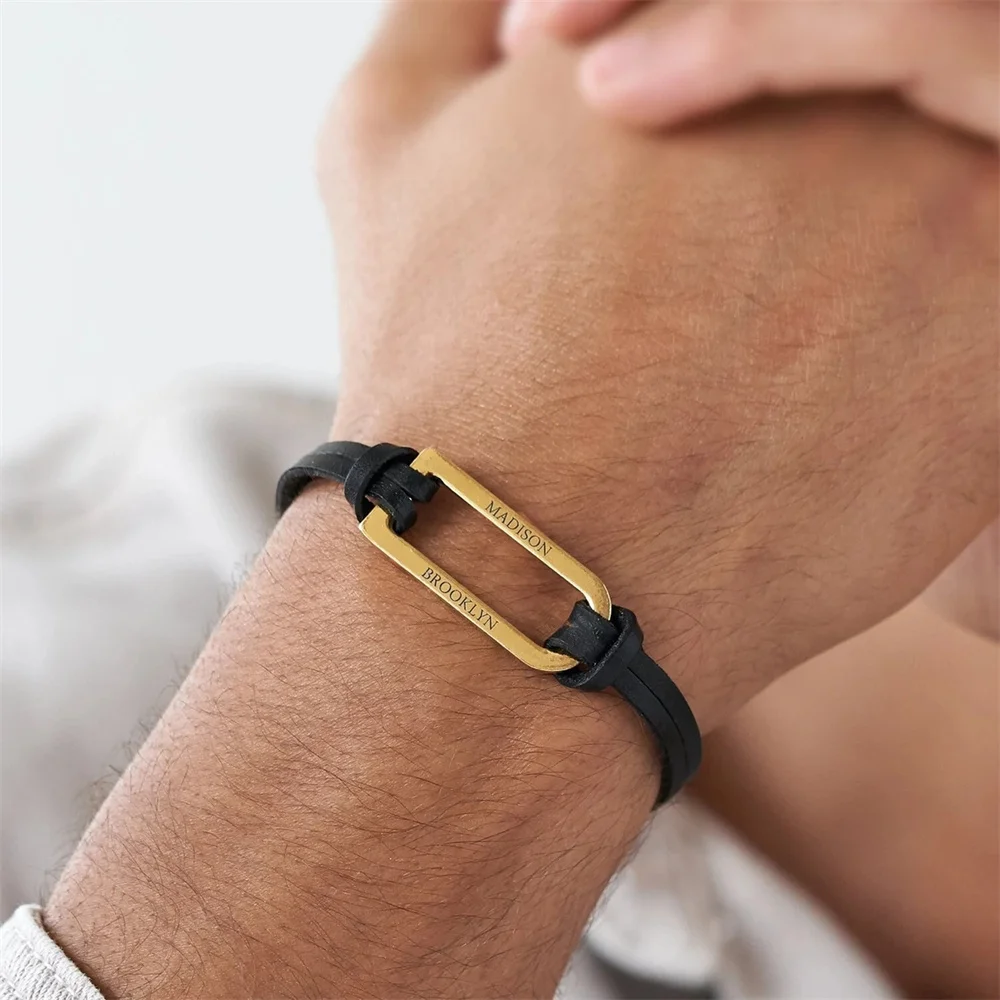 

Custom Name Bracelet Stainless Steel Personalize Engraved Lovers Name Text Geometric Adjustable Leather Bangle Jewelry for Men