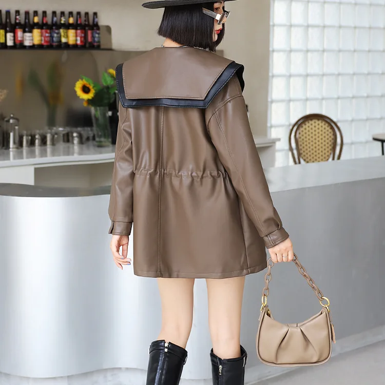 KoHuiJoo 2022 Autumn Korean Long Leather Coat Women Sailor Collar Sweet Casual Drawstring Washing PU Leather Jacket Black Coffee