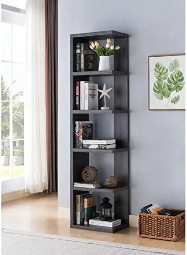 

Tier Corner Bookcase Wooden Display Bookshelf Storage Multipurpose Shelving Unit for Living Room Home Office in Black Finish, (