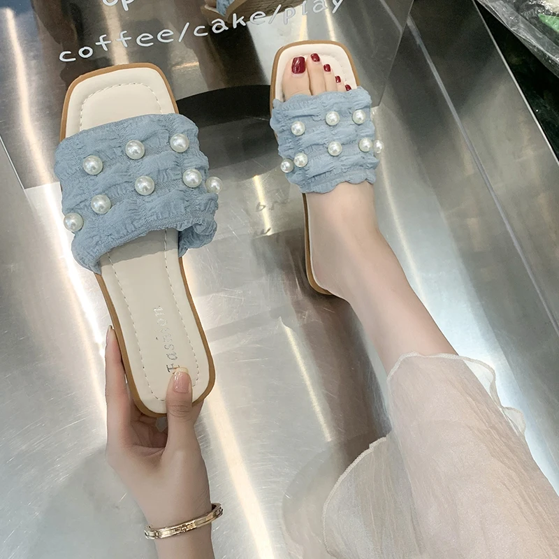 

Shoes Slippers Flat String Bead Slipers Women Slides Fashion Shale Female Beach Low Summer 2022 Luxury Sabot PU Fabric Rome
