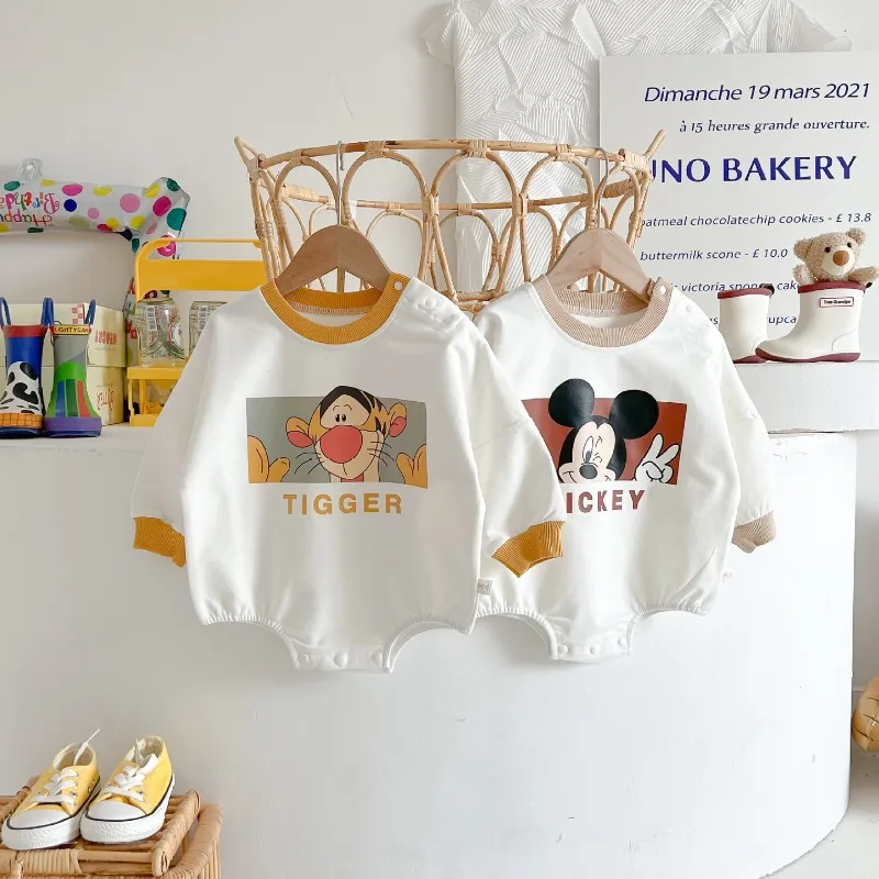

0-2 Years Old Cartoon Tigger Mickey Pattern Baby Clothing Class A Cotton Spring and Autumn Contrast Collar Trend Baby Jumpsuit