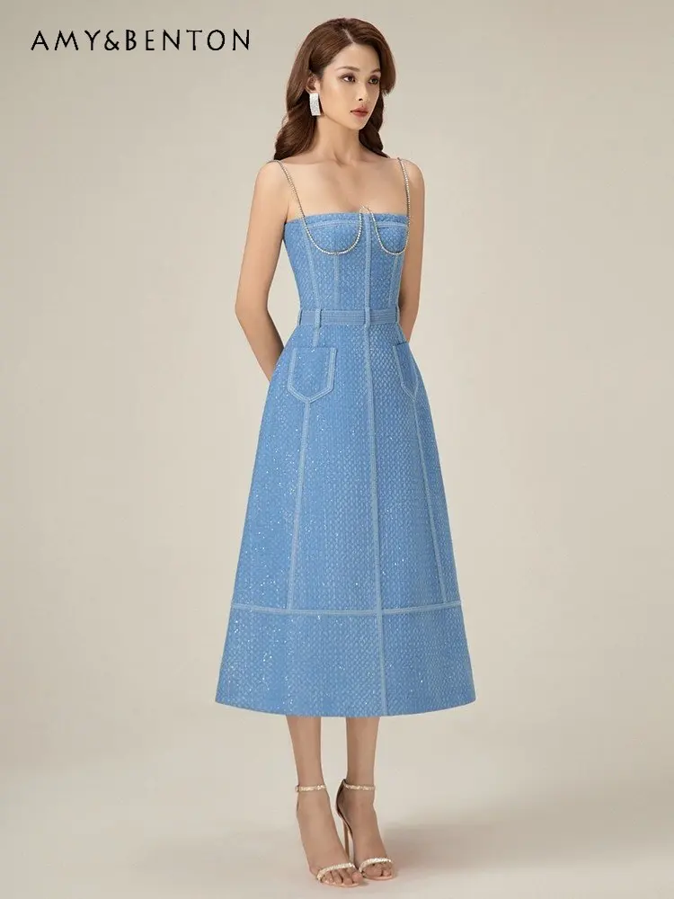 High-Grade French Denim Rhinestone Strap Dress 2023 Summer New Elegant Sequins High Waist Sleeveless Sling Long Dress