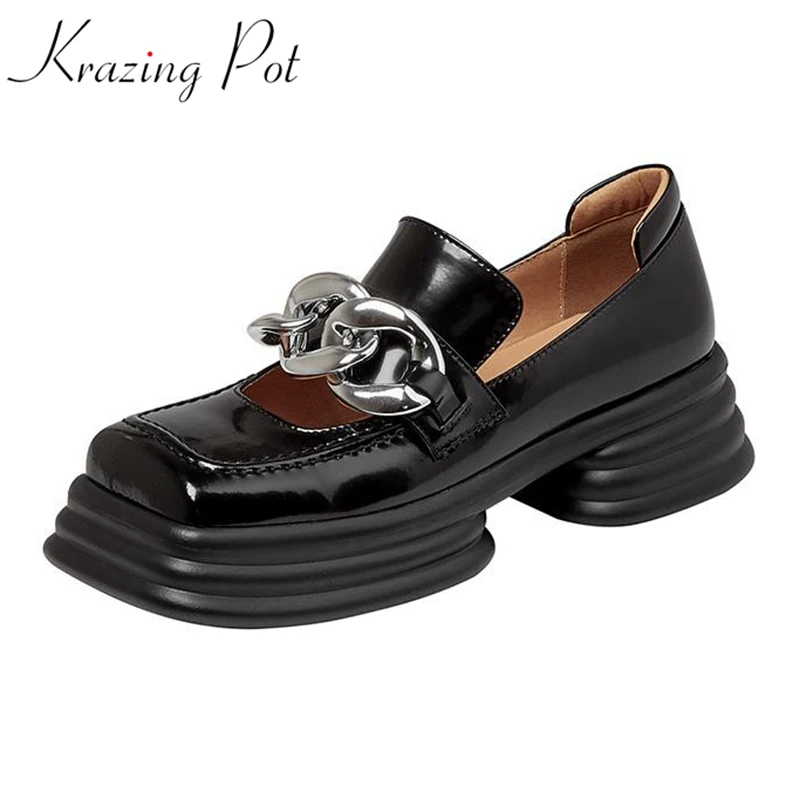 

Кроссовки Krazing Pot из коровьей кожи, однотонные Туфли-оксфорды на толстой подошве, квадратный носок, металлическая цепочка, серебристого цвет...