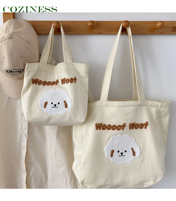 

Mommy Bag Puppy Canvas Shoulder Bag Cute Simple Cartoon Creative Embroidery Cloth Bag Creamy Color Baby Diaper Bag Buy 1 Get 1
