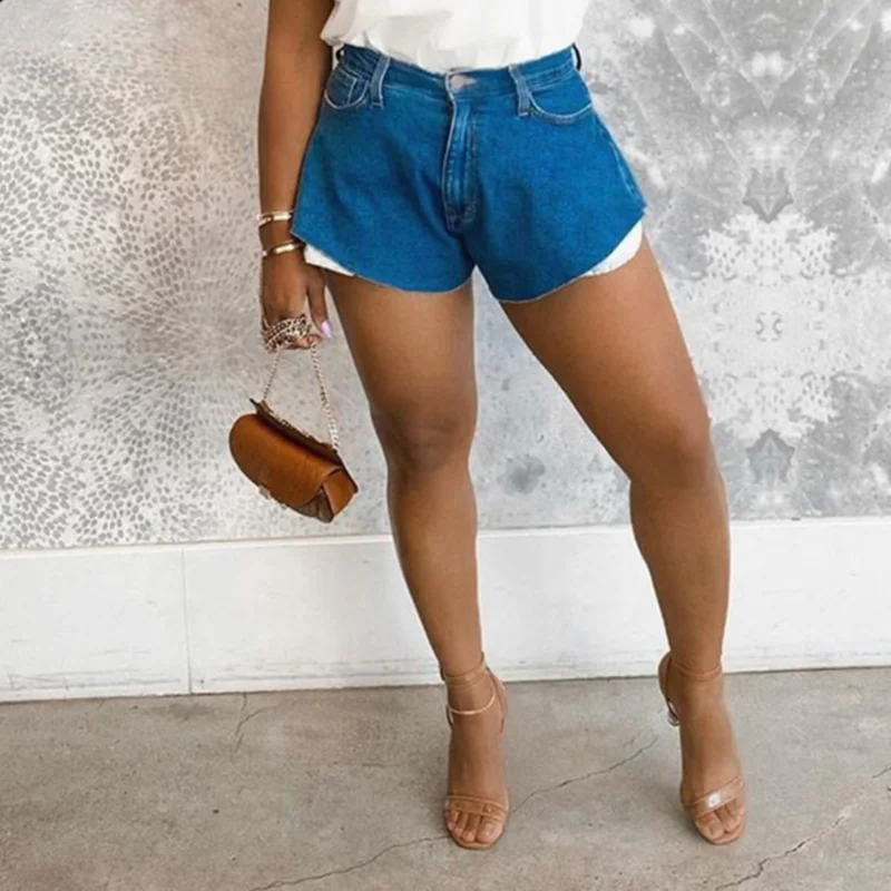 Denim Patchwork Pocket Fan-shaped Irregular High Waist Sexy Solid Color Loose Mini Denim Shorts Streetwear Woman Clothing