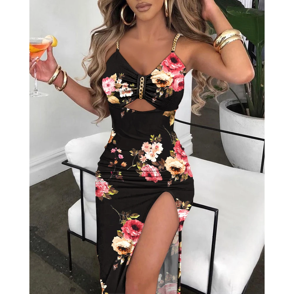 

Sexy Women Floral Print Hollow Out Chain Decor Cutout High Slit Dress 2022 Summer V Neck Sleeveless Party Dress