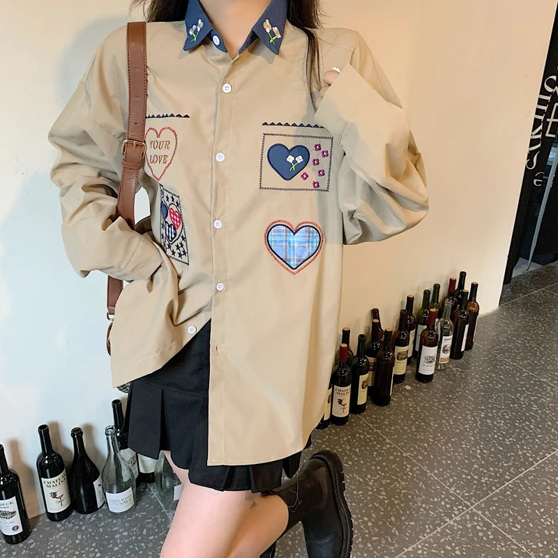 

Женская винтажная рубашка с вышивкой в виде сердца, милая Молодежная верхняя одежда, тонкая женская блузка с длинными рукавами, весна 2022