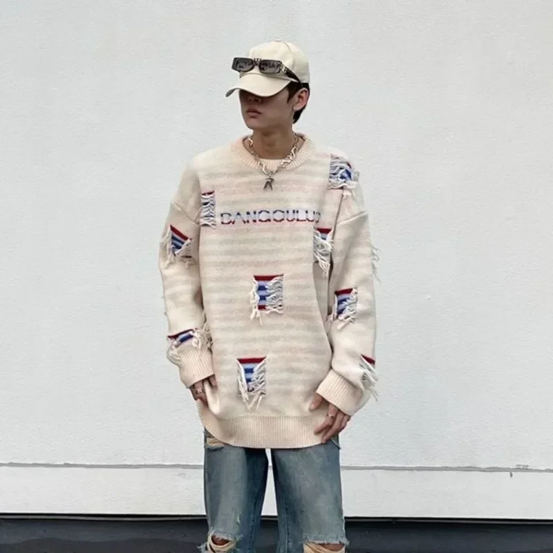 Мужская одежда пальто пуловеры вязаный свитер мужская куртка с дырками рваная