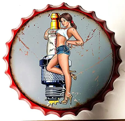 

Retro Sign Sexy Lady and Gas Bottle Caps Retro Metal Tin Sign Diameter 13.8 Inches - Home Decor Bar Plaque Lounge Man Cave