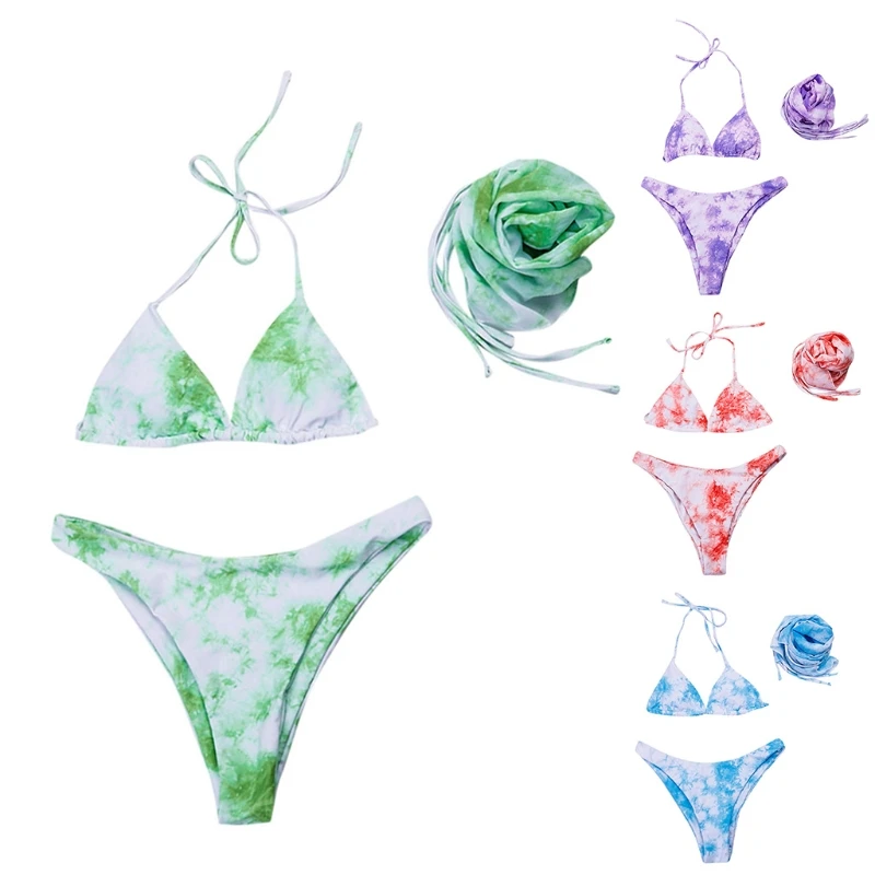 Комплект бикини с принтом Tie-Dye, треугольный купальник с лямкой на шее, с накидкой, саронг, юбка с запахом, купальный костюм, 3 шт.