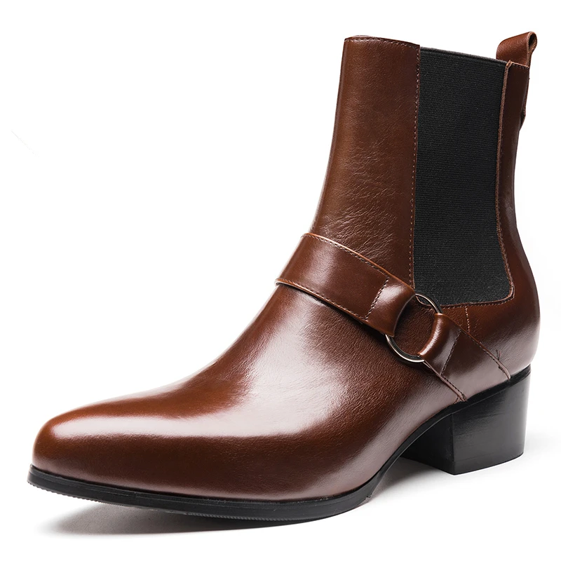 

Men's Noble Brown Classic Buckle Belt Pointed Toe Chelsea Boots Businessman Genuine Leather Retro Heighten Shoes 5CM Heels Male