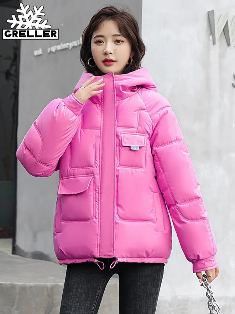 GRELLER  New 2022 Women Short Jacket Winter Thick Hooded Cotton Padded Coats Female Korean Loose Puffer Parkas Ladies Oversize
