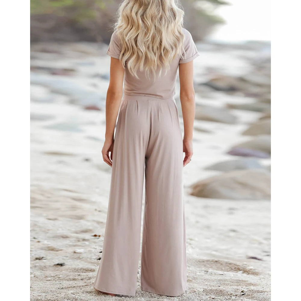 Women Solid O-Neck Short Sleeve Top & High Waist Ruched Pants Set Casual Femme Fashion Two-Piece Set Woman Outfits Clothes