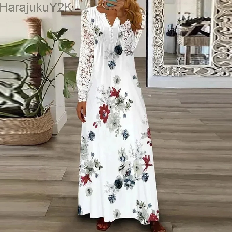 Spring Summer Floral Print Long Dress Boho V Neck Long Sleeve Lace Patchwork Party Dresses For Women Fashion Holiday Maxi Dress